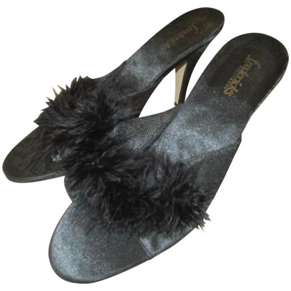 *Frederick's of Hollywood Black Satin Fluffy Mules